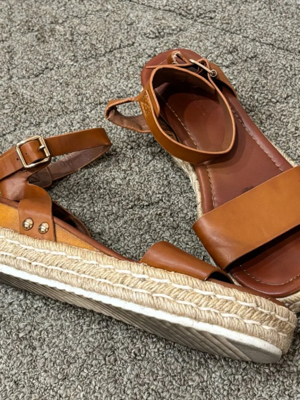 Woolworths Cognac Leather Ankle Strap Espadrille Platform Wedge Sandals